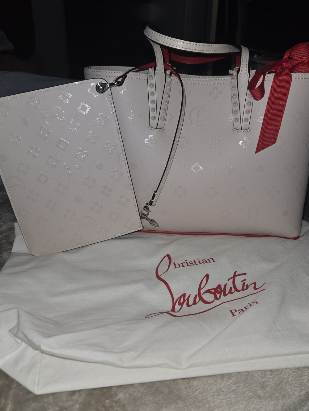Christian Louboutin White Tote with Red Trim and Ribbon